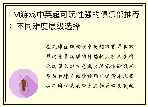 FM游戏中英超可玩性强的俱乐部推荐：不同难度层级选择